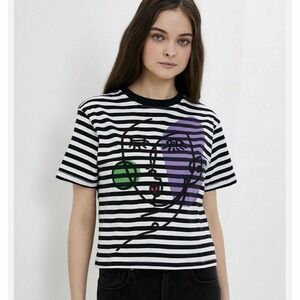 Desigual Arty Abstract Striped Faces Tee T-Shirt  Women's XLARGE XL